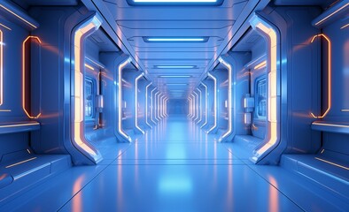 Futuristic server room with glowing blue and orange lights in a high-tech network corridor