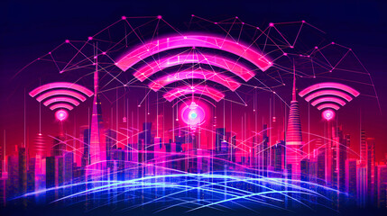 Digital Connectivity in Urban Life: Network Technology Symbols over a City Skyline