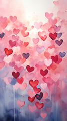 Valentine's Day card. Abstract watercolor hearts background, art aquarelle painting illustration
