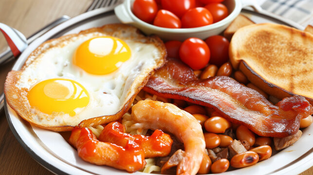 A satisfying and traditional breakfast plate featuring eggs, bacon, toast, beans, and tomatoes.