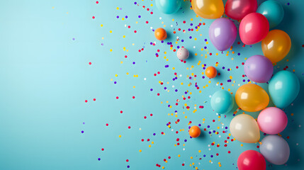 Colorful Balloons and Confetti on Blue Background, Festive Celebration Party Decoration
