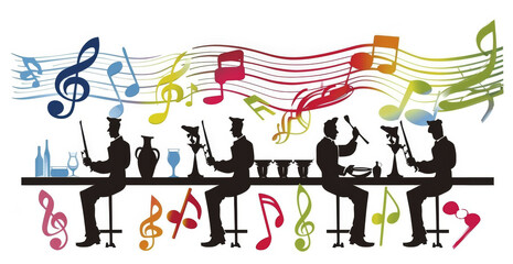Jazz Band Silhouette with Colourful Music Notes.
A vibrant silhouette of a jazz band playing against a backdrop of flowing musical notes