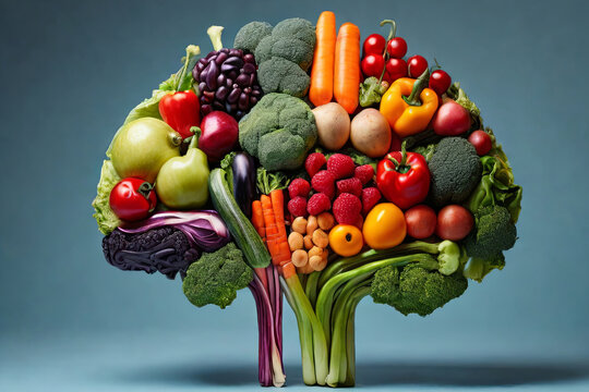 Nourish your mind. A creative blend of tasty vegetables forming a human brain. Inspire healthy living with this unique vegetarian and vegan food concept.