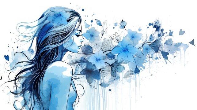 Abstract watercolor woman with blue flower . Generate AI image