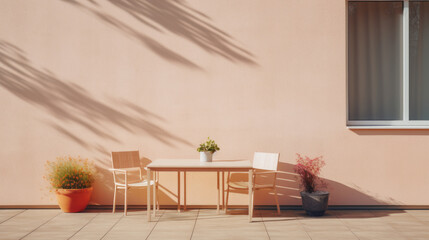 Fototapeta na wymiar Sunlit Home Terrace with Peach Fuzz color Walls, minimalist background