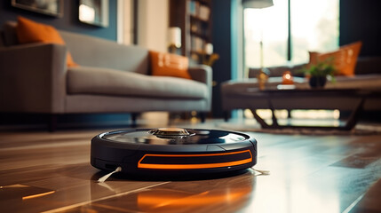 Wireless futuristic vacuum hoover cleaning machine robot in a living room