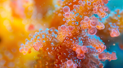 Macro shot corals, in bright colors with water drops, extreme close-up