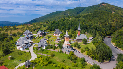 Aerial photography of Barsana monastery located in Maramures County, Romania. The landscape...