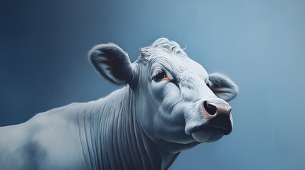 Gemälde einer weißen Kuh vor hellblauem Hintergrund. Illustration - obrazy, fototapety, plakaty