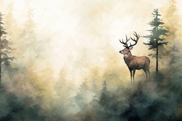 Artistic overlay of deer and forest with watercolor effect. Generative AI