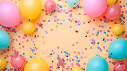 Group of Balloons and Confetti on Yellow Background