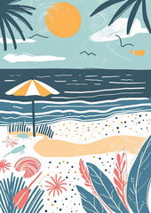 Fototapeta na wymiar Doodle ocean beach with colorful umbrellas, summer holiday vacations postcard