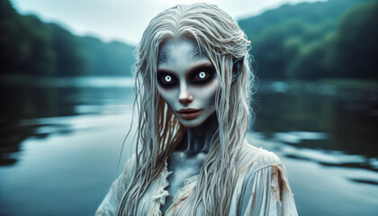 water rusalka demonic being living in forests, fields and lakes, slavic folklore  - obrazy, fototapety, plakaty