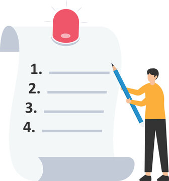 Business emergency plan, Checklist to do when disaster happens, Continue business and build resilience, Leader holding pencil with paper, Emergency plan flashing siren
