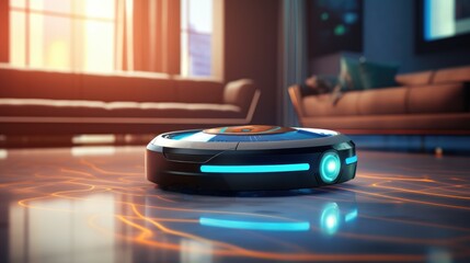 Wireless futuristic vacuum hoover cleaning machine robot in a living room