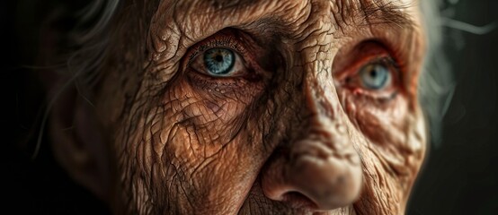 An elderly woman's weathered skin and piercing blue eyes tell a haunting tale of the inevitable decay of time, reminiscent of a wild animal's worn face, leaving viewers both mesmerized and unsettled