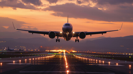 Commercial airplane landing at sunset, front view