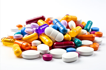 Pills and capsules of different colors, shapes and sizes scattered in chaotic order, stack of pills