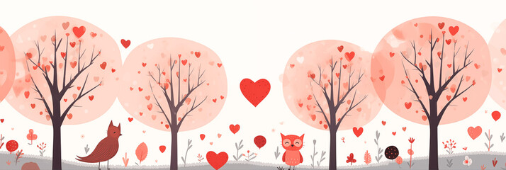 Cute forest banner with trees, birds and hearts, Scandinavian style illustration, artistic doodle. Panoramic web header with copy space. Wide screen wallpaper