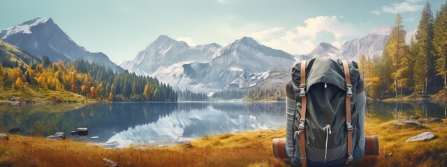Hiking backpack and boots and equipment for mountain and forest nature. outdoor activity camping and holiday activity. lake and snow landscape banner - obrazy, fototapety, plakaty