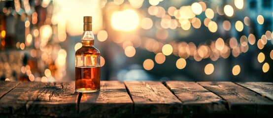 The amber glow of the whiskey bottle beckons from the outdoor table, inviting one to indulge in the warmth and comfort of its light - obrazy, fototapety, plakaty