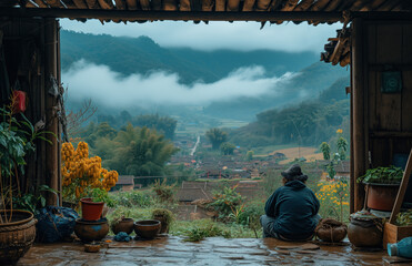 Villager against a landscape in Hanoi, Northern Vietnam
