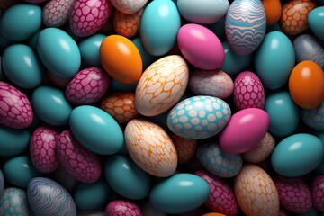 Fototapeta na wymiar Colorful Easter eggs arranged in a pattern to. Generative ai
