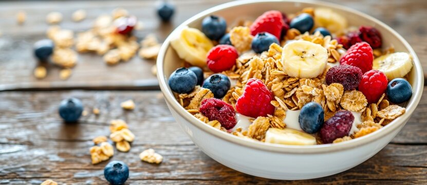 Indulge in a wholesome blend of crunchy breakfast cereal, juicy berries, and creamy yogurt served in a rustic wooden bowl for a refreshing and nourishing snack