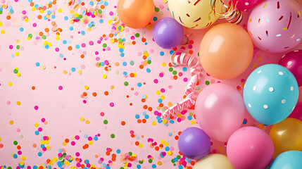 Colorful Balloons and Confetti on Pink Background