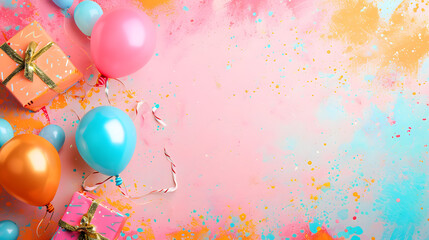 Colorful Balloons and Presents on Pink and Blue Background