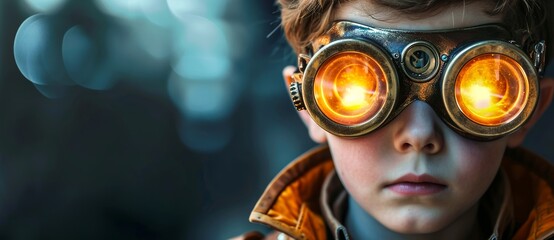 Amidst the sun's warm rays, a boy gazes out through his steampunk goggles, his face a portrait of curiosity and wonder - obrazy, fototapety, plakaty