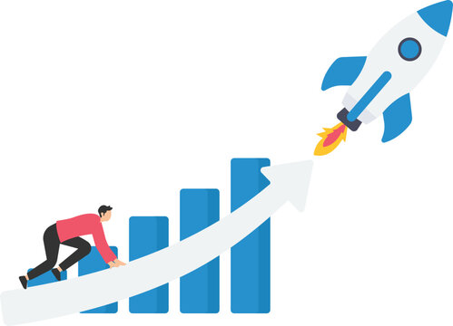 Exponential growth or compound interest, investment, wealth or earning rising up graph, business sales or profit increase concept, financial report graph with exponential arrow from flying rocket
