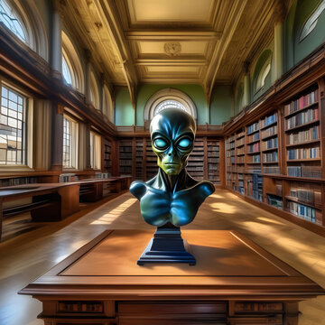 Büste eines Alien mit leuchtenden Augen in einer alten, antiken Bibliothek