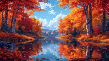 Naklejka na ściany i meble Autumn Trees Their Reflection Wate, Background Banner HD