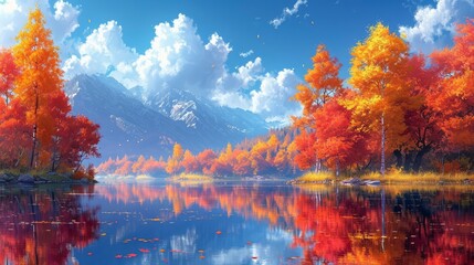 Naklejka na ściany i meble Autumn Trees Their Reflection Wate, Background Banner HD