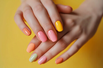 Female hands delicate nails painted in soft pastel shades against a sunny yellow background