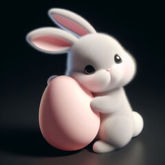 Cute fluffy gray Easter bunny hugs a pastel pink egg on a black background. Easter holiday concept in minimalism style. Fashion monochromatic   composition. Copy space for design.