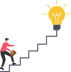 Creativity for business idea, thinking and brainstorm for new idea or opportunity, career path or goal achievement, businessman start walking on electricity line as stairway to big idea lightbulb.
