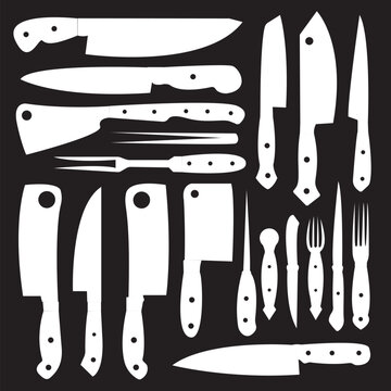 set of kitchen knives vector, Seamless pattern and background of meat cutting butcher knives. Creative graphic pattern with hand drawn illustrations for butcher shop, farmer market. Vintage typographi