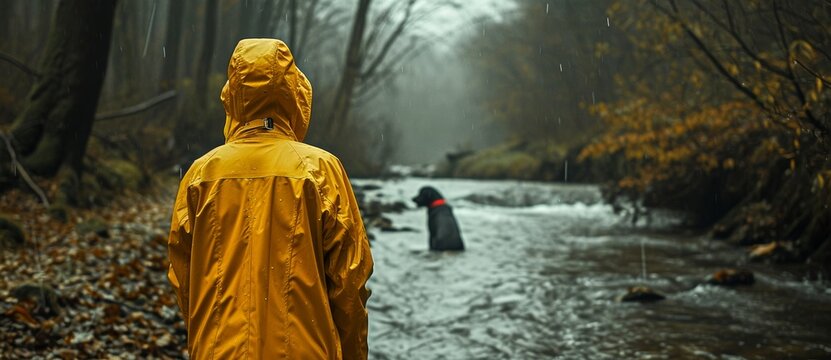 In the midst of a winter storm, a brave person in a vibrant yellow raincoat stands in the rushing river with their loyal dog, surrounded by towering trees and a majestic statue, embracing the raw bea