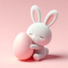 Cute fluffy white Easter bunny hugs a pastel pink egg on a pastel pink background. Easter holiday concept in minimalism style. Fashion monochromatic   composition. Copy space for design.
