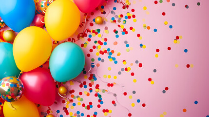 Colorful Balloons and Confetti on Pink Background for a Festive Celebration