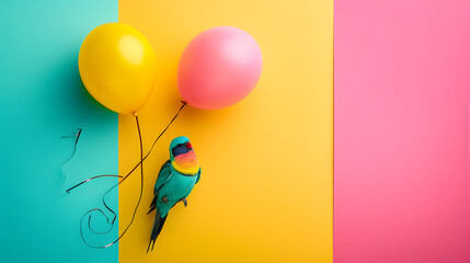 Bird Perched on Balloons in the Blue Sky