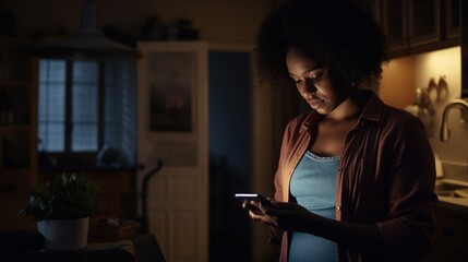 Fototapeta na wymiar Black girl standing in the dark hallway at home in the evening, looking at her smartphone, cinematic.