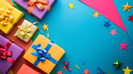 Colorful Wrapped Presents on Blue Background, A Festive Gift Collection for Any Occasion
