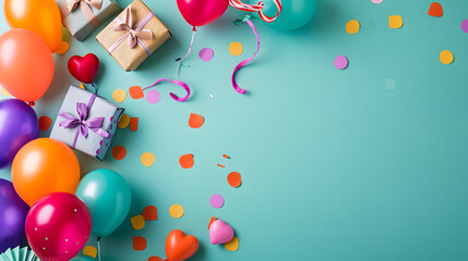 Vibrant Balloons, Gifts, and Confetti on Blue Background