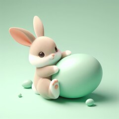 Naklejka na ściany i meble Cute fluffy beige Easter bunny hugs a pastel green egg on a pastel green background. Easter holiday concept in minimalism style. Fashion monochromatic composition. Copy space for design.