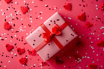 Obraz premium Close up pink gift on pastel pink background among heart-shaped confetti. Valentine's day, romance, love, wedding anniversary concept with copy space.