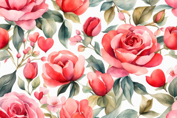 Watercolor hand drawn Valentines day flower, rose and hearts seamless pattern.