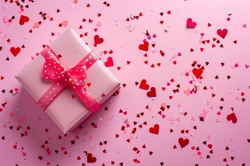 Close up pink gift on pastel pink background among heart-shaped confetti. Valentine's day, romance, love, wedding anniversary concept with copy space.